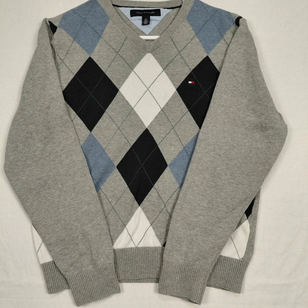 Tommy Hilfiger Size S Argyle V Neck Sweater Men Pullover Gray Blue Cotton Preppy